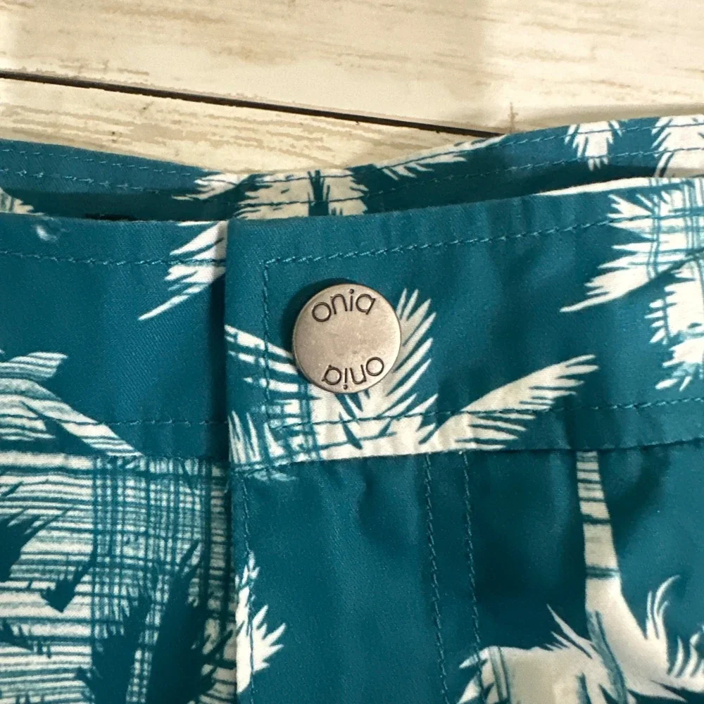 Onia The Calder Mens Teal Palm Tree Swim Trunks Surf Board Shorts Size 34 Resort
